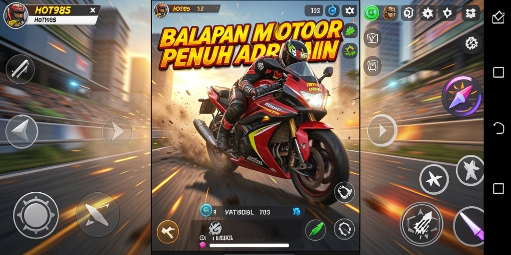 Gameplay HOT985 yang mendebarkan dalam balapan motor.