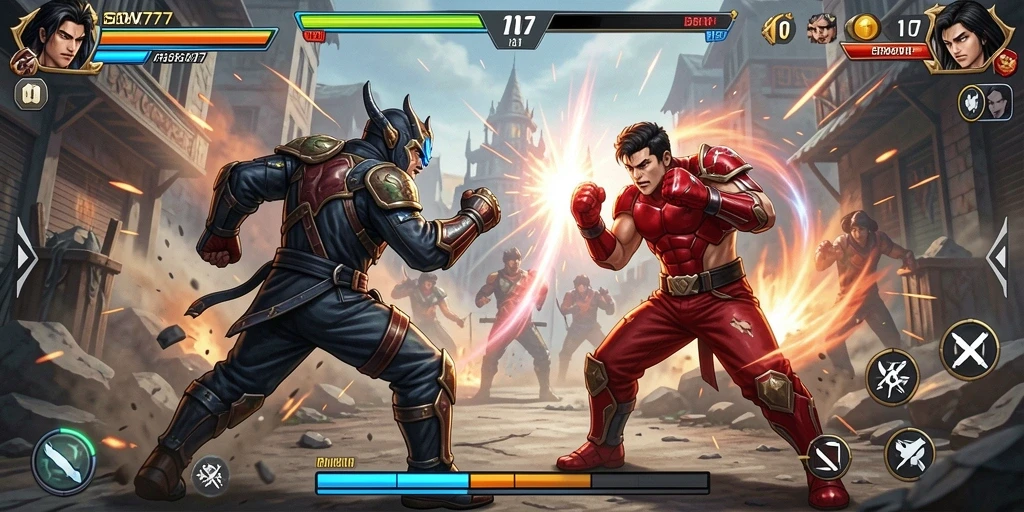 Tangkapan layar SOV777 menunjukkan karakter bertarung di arena penuh aksi.